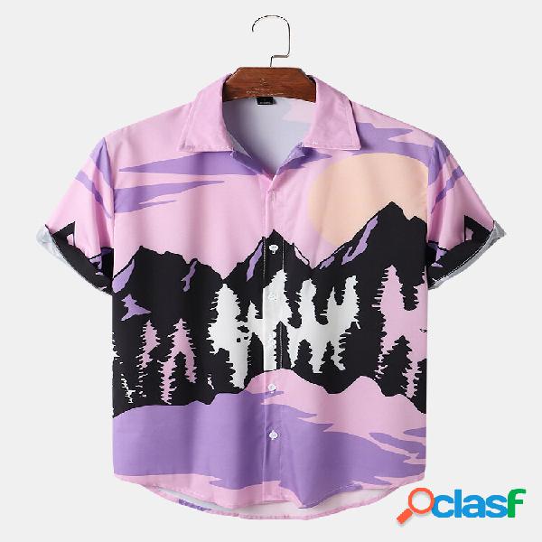 Camicie casual con stampa paesaggistica da uomo