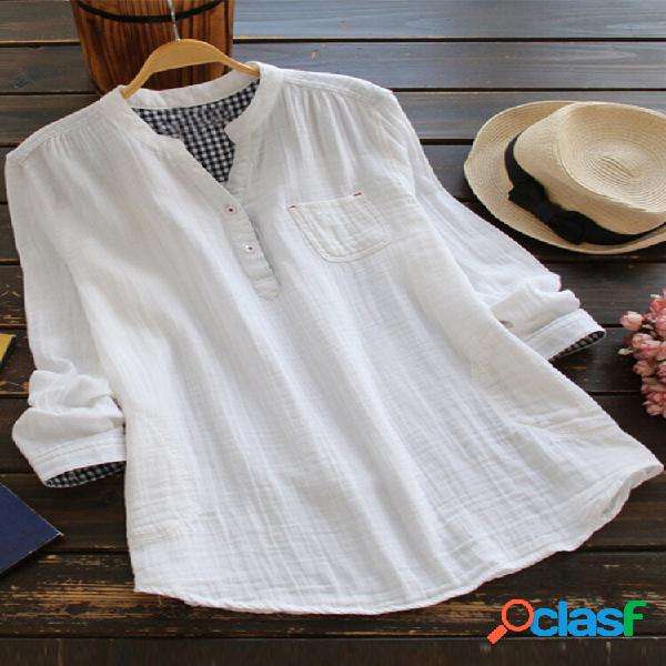Camicie da donna in cotone tinta unita con scollo a V e
