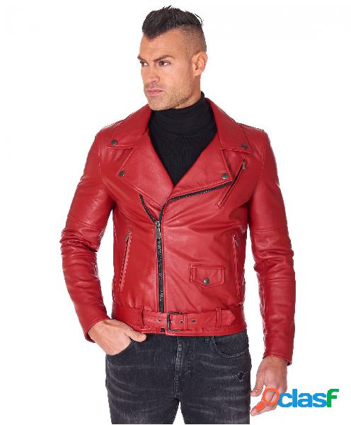 Chiodo Biker In Pelle Rossa Con Cintura Effetto Liscio
