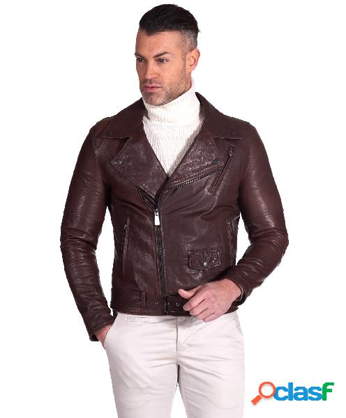 Chiodo Biker In Pelle Testa Di Moro Con Cintura Effetto