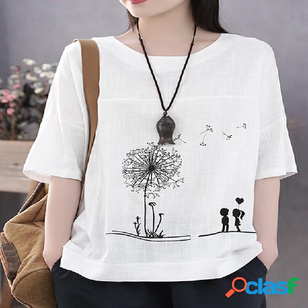 Cotton Flower Printed Round Collo T-shirt Artsy sottile da