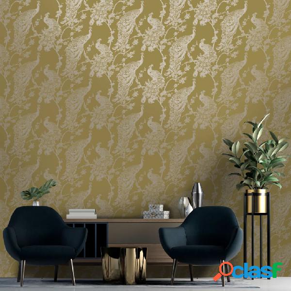 DUTCH WALLCOVERINGS Carta da Parati Pavone Giallo e Argento