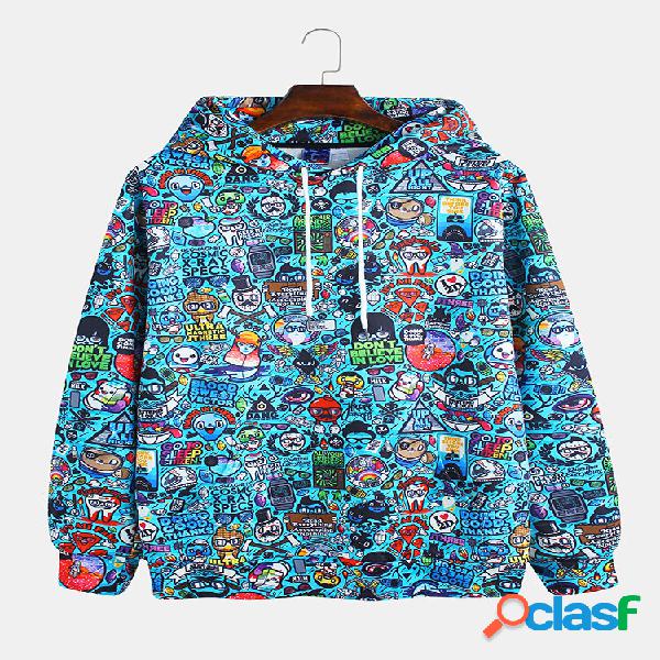 Felpa manica lunga con cappuccio stampa graffiti di moda