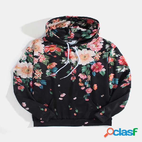 Felpe con cappuccio casual con coulisse tascabile con stampa