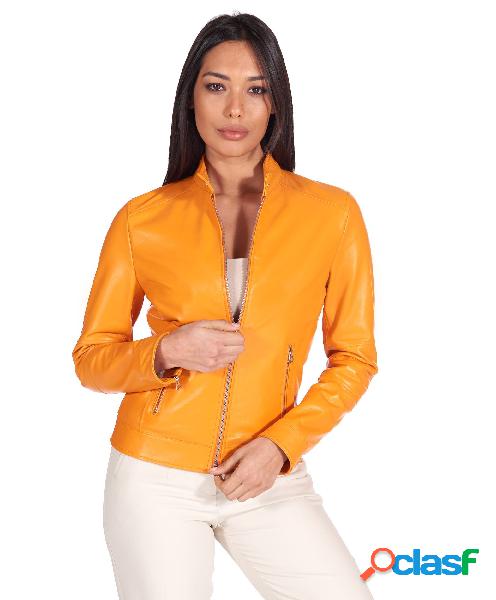 Giacca Biker In Pelle Arancione Nappa Effetto Liscio