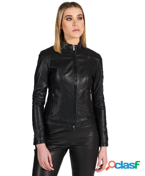Giacca Biker In Pelle Nappa Nera Impunturato Sulle Spalle