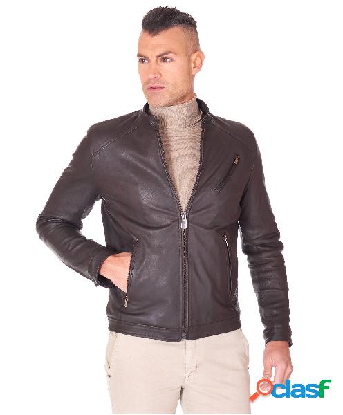 Giacca Biker In Pelle Naturale Testa Di Moro Effetto Vintage