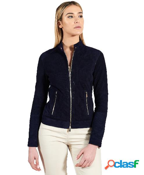 Giacca Biker In Pelle Scamosciata Traforata Blu Effetto