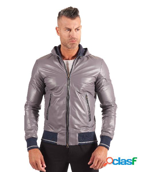 Giacca Bomber In Pelle Nappa Grigia Con Cappuccio