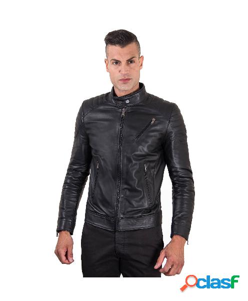 Giacca Moto In Pelle Nera Biker Trapuntato Spalle Effetto