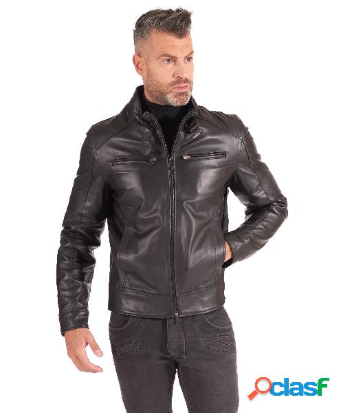 Giacca Moto In Pelle Nera Con Fibbia Quattro Tasche Nappa