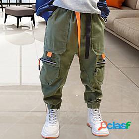 Kids Boys Pants Green Black Solid Colored Active Fall Spring