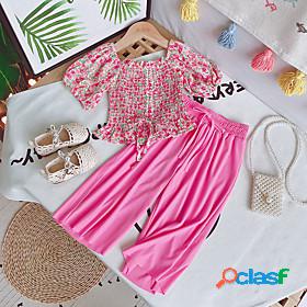 Kids Girls Clothing Set Short Sleeve Pink Yellow Ruched