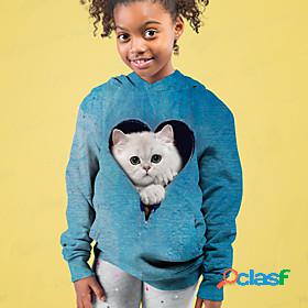 Kids Girls Hoodie Long Sleeve Blue 3D Print Cat Active 4-12