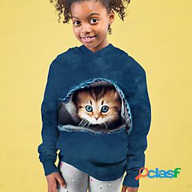 Kids Girls Hoodie Long Sleeve Dusty Blue 3D Print Cat Active