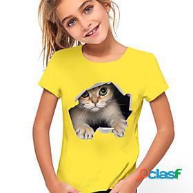 Kids Girls T shirt Cat Short Sleeve Animal Print Yellow