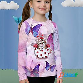 Kids Girls T shirt Long Sleeve Pink 3D Print Cat Butterfly