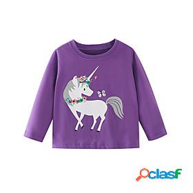 Kids Girls T shirt Long Sleeve Purple Cartoon Unicorn Cotton