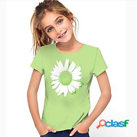 Kids Girls T shirt Short Sleeve Daisy Floral Green Children