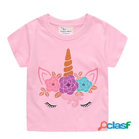 Kids Girls T shirt Short Sleeve Floral Cartoon Unicorn Pink