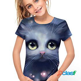 Kids Girls' T shirt Short Sleeve Navy Blue 3D Print Cat