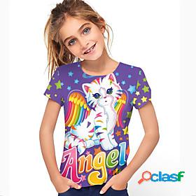 Kids Girls T shirt Short Sleeve Purple 3D Print Cat Cat