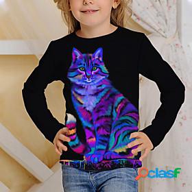 Kids Girls' T shirt Tee Long Sleeve Black 3D Print Cat Print