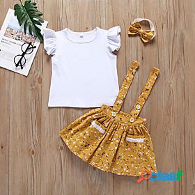 Kids Girls Tee Skirt Short Sleeve 2 Pieces White Flower /