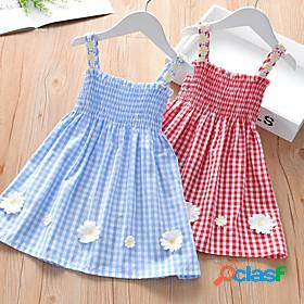 Kids Little Girls Dress Check Casual Print Blue Red Cotton