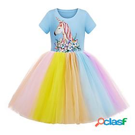 Kids Little Girls Dress Color Block Animal Unicorn Layered