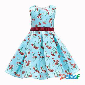 Kids Little Girls Dress Floral Plants Lace up Blue Midi