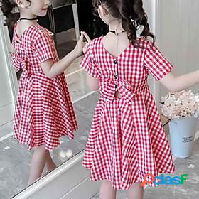 Kids Little Girls' Dress Plaid Black Red Backless Ruched