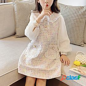 Kids Little Girls Dress Plaid Patchwork Color Block Blue