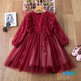 Kids Little Girls Dress Solid Colored Lace Gold Red