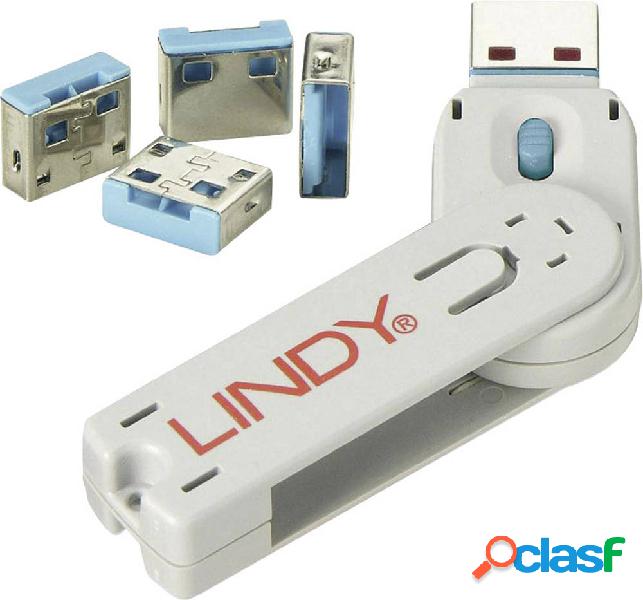 LINDY Blocco porta USB USB-Lock + Key Kit da 4 Blu incl. 1