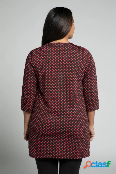 Maglia lunga con cuori, scollo a V e maniche a 3/4, Donna,