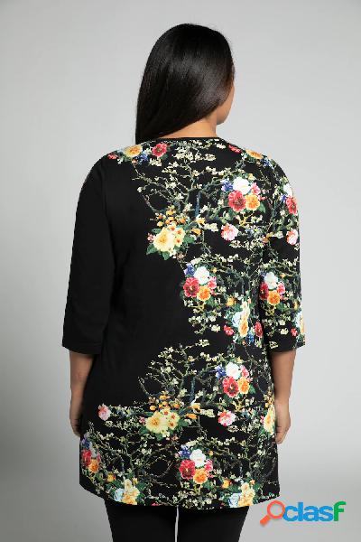 Maglia lunga con fiori, scollo a V, tasche e maniche a 3/4,