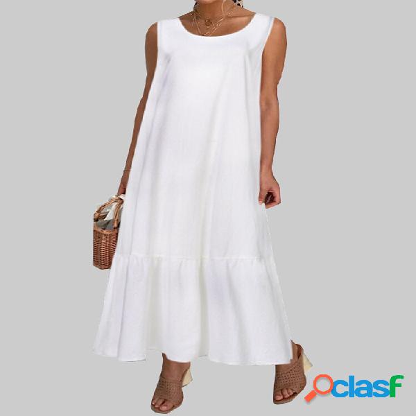 Maxi abito casual allentato o-collo senza maniche tinta