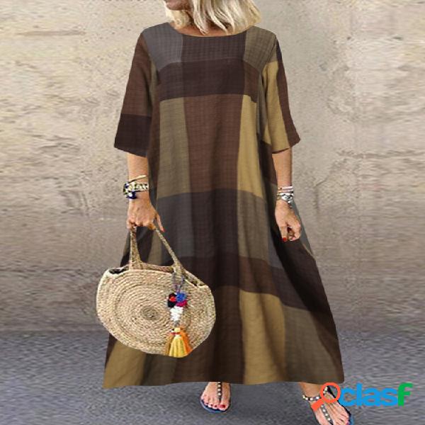 Maxi abito manica 3/4 con stampa scozzese casual da donna