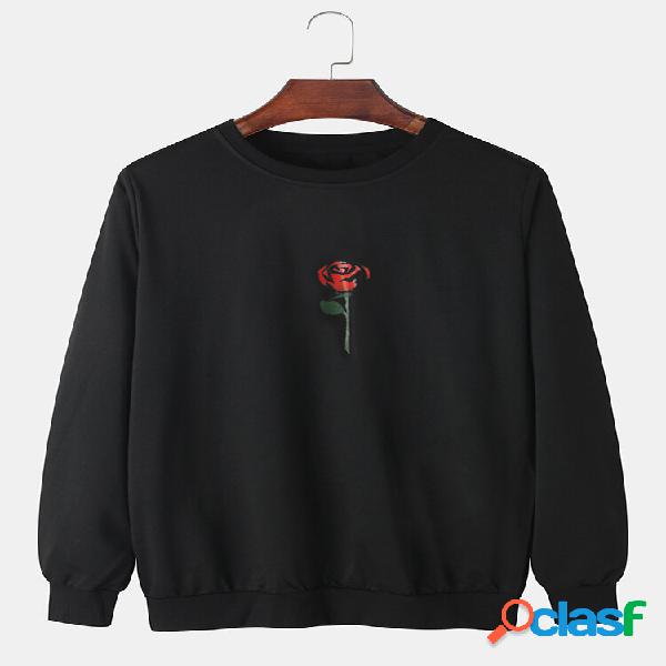 Mens Rose Print Round Collo Pullover a maniche lunghe in