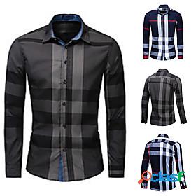 Mens Shirt Lattice Color Block Turndown Casual Daily Long