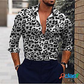 Mens Shirt Leopard Long Sleeve Regular Fit Tops White Brown