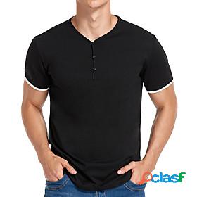 Mens T shirt Solid Color Color Block Button Down Collar