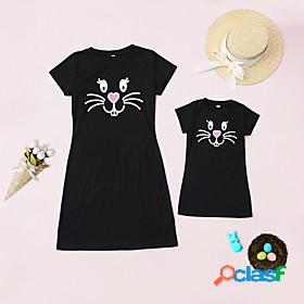 Mommy and Me Easter Dresses Causal Bunny Print Black