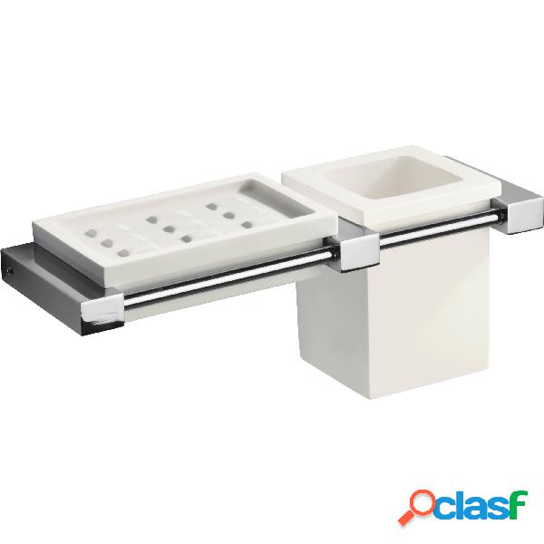 Porta sapone più porta bicchiere sospeso in ottone cromato