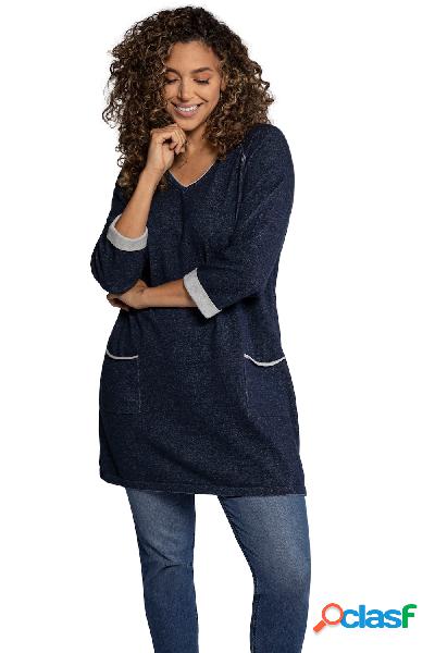 Pullover lungo, scollo a V, maniche a 3/4, Donna, Blu,