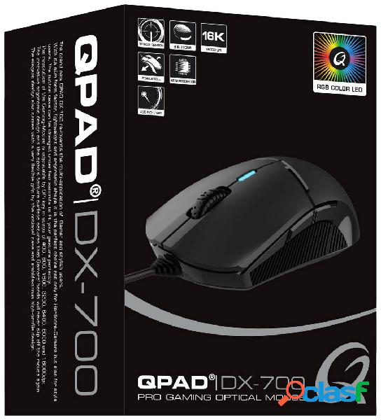 QPAD Qpad DX700 Mouse da gioco USB Ottico Nero, RGB 8 Tasti