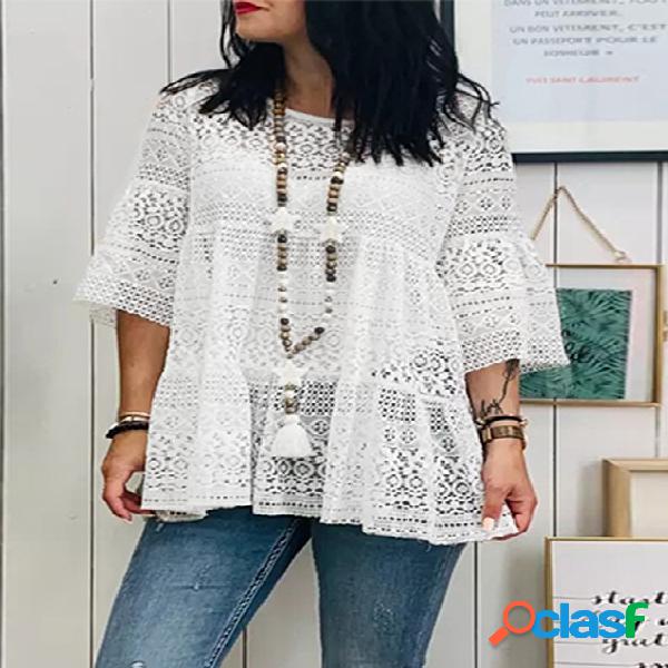 S-5XL Camicetta da donna con maniche a 3/4 in pizzo