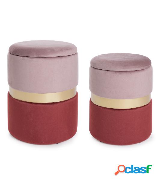 Set di 2 puof contenitore in velluto rosa-rosso