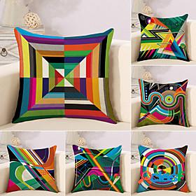 Set of 6 Cotton / Faux Linen Pillow Cover, Striped Lines /